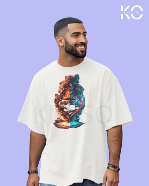 Image of White color drop shoulder t-shirt with Car In Smoke Print for men at reasonable price